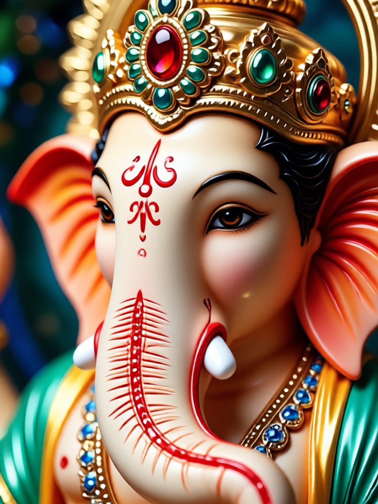 Photorealistic AI Ganpati close up with detailed jewelry
