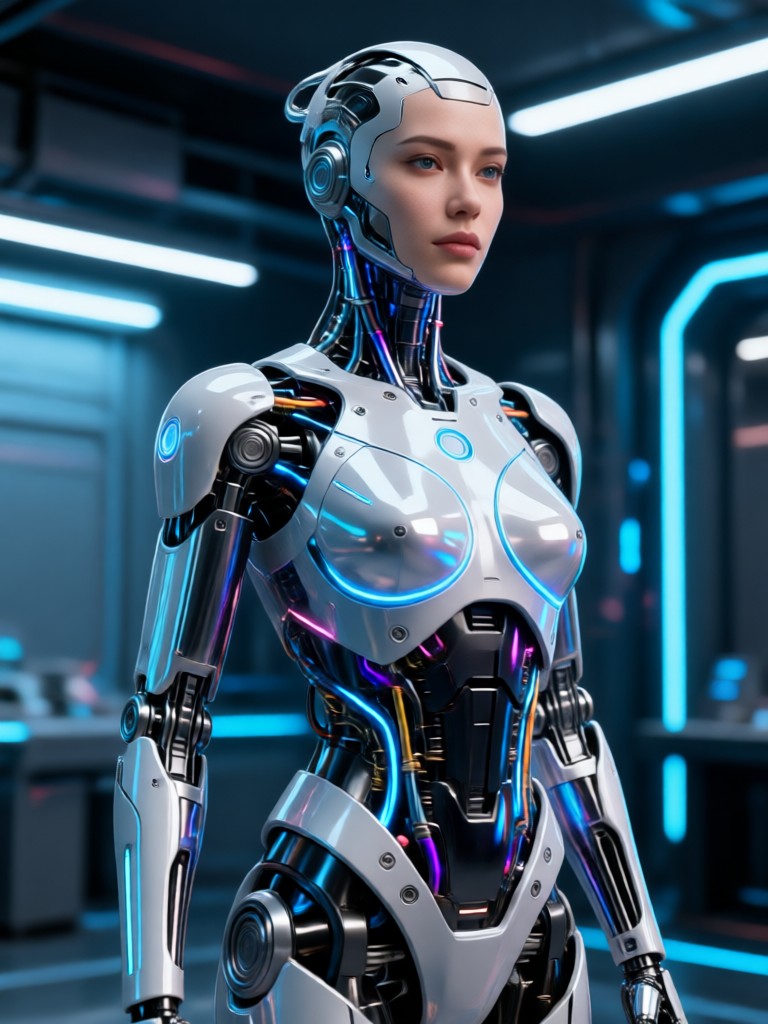 Elegant fashion AI model in studio lighting