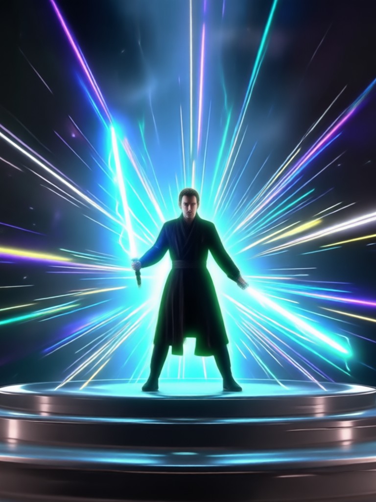 Jedi in a forest deflecting blaster bolts