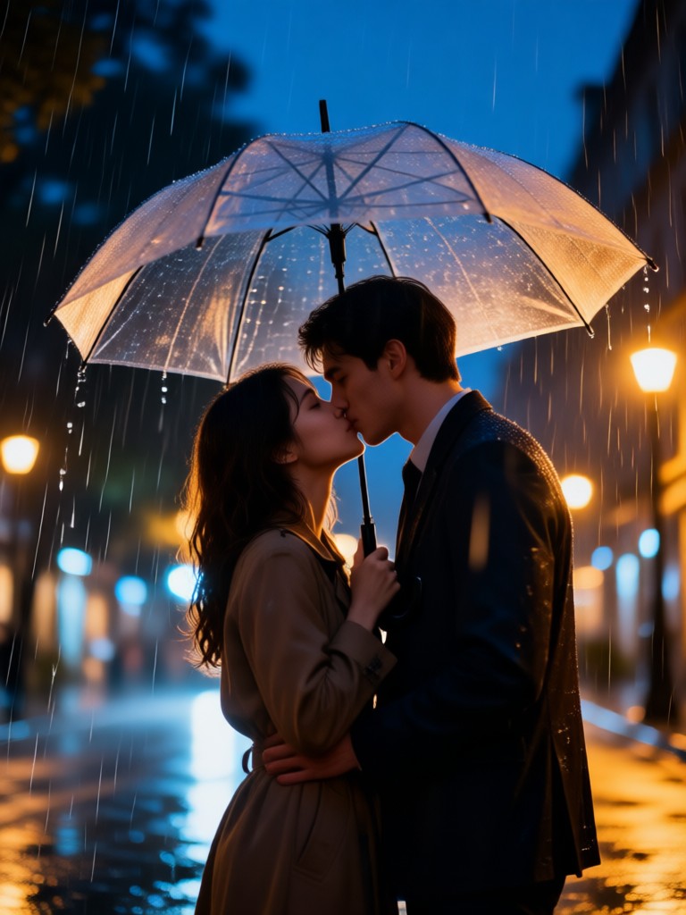 해변 밤 우산 키스 AI 비디오