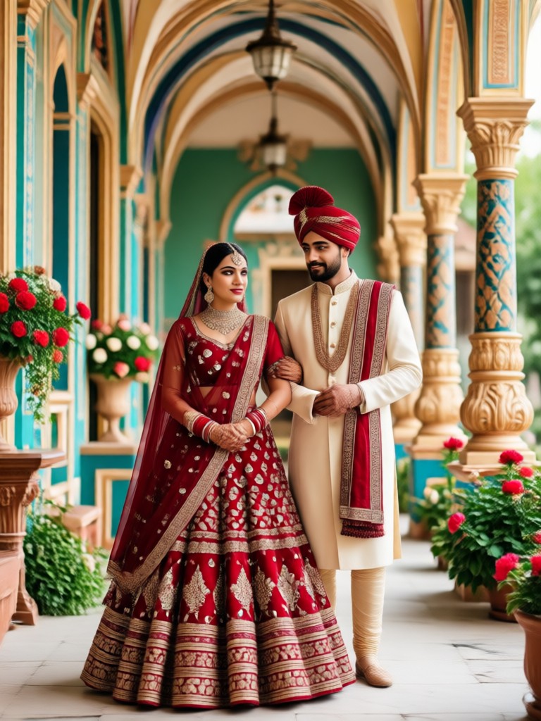 Royal blue lehenga and white sherwani wedding portrait