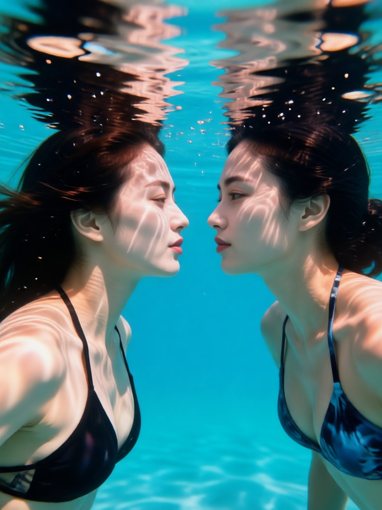 Retrato de pareja en mar profundo con iluminación bioluminiscente