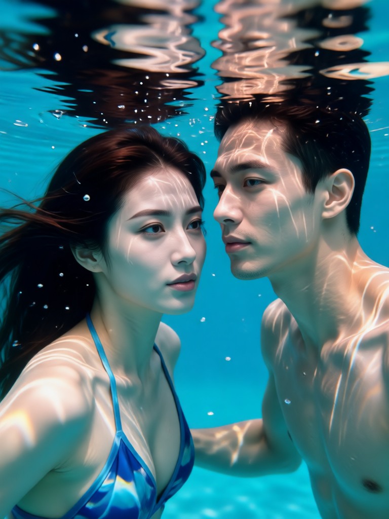 Dramatic deep sea couple portrait with glowing particles