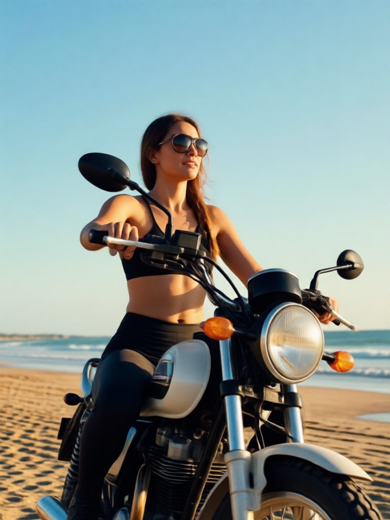 Minimalist AI portrait focusing on motorcycle details on smooth sand