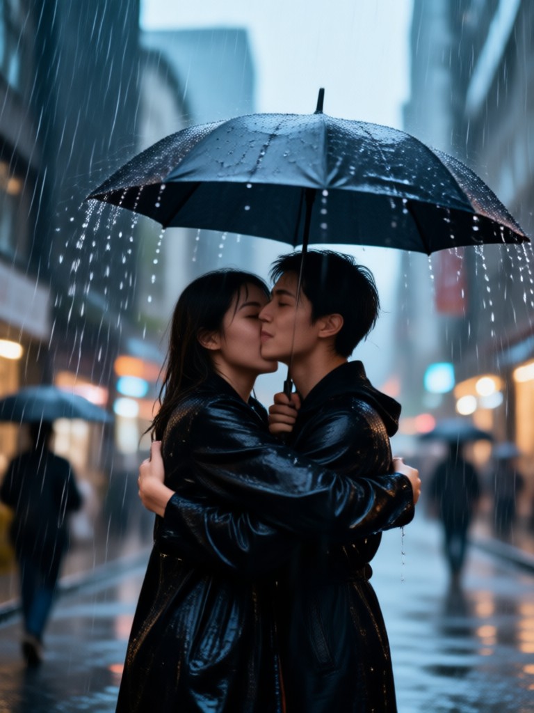 fantasy style slow motion magical rain embrace