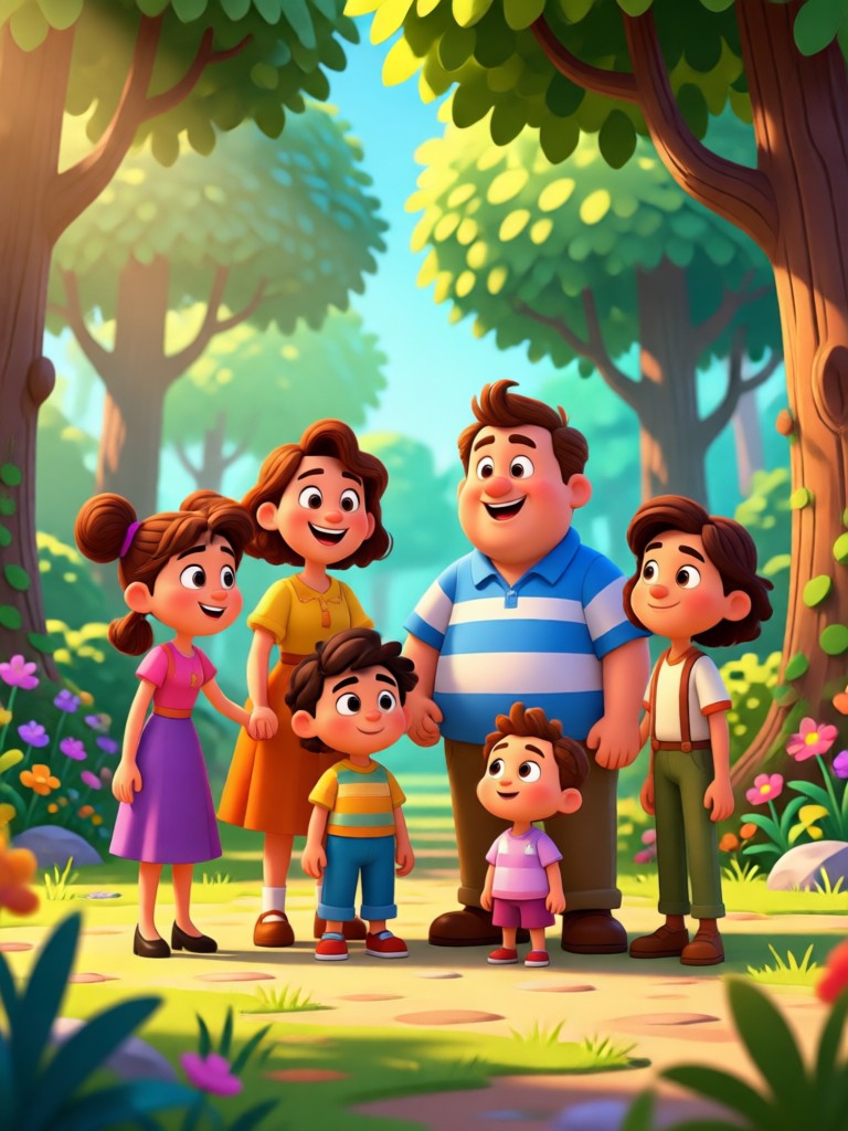 Pixar style family portrait with parents and child