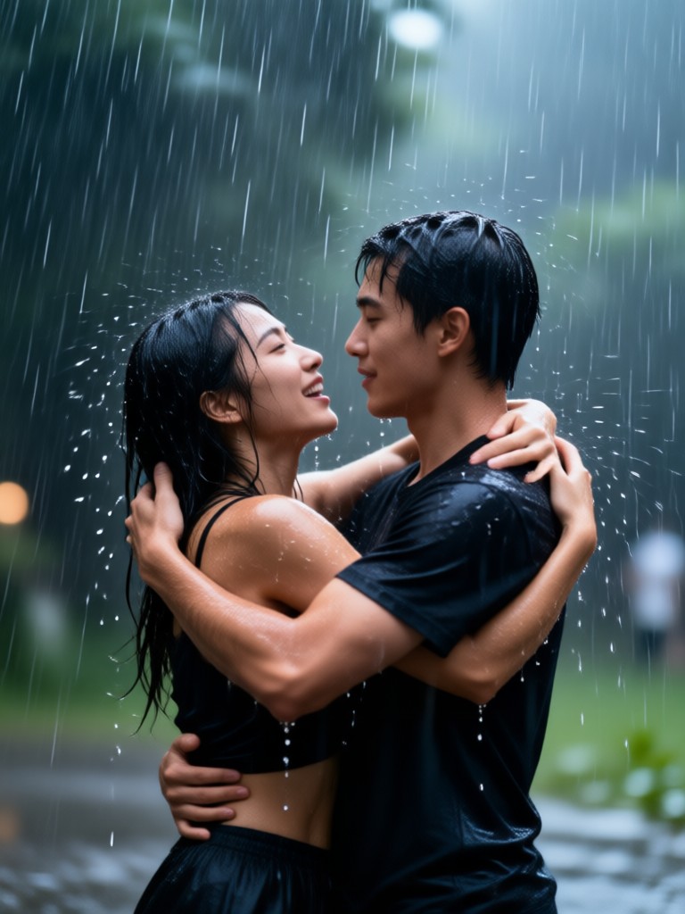 Hopeful rain hug with sunrise backdrop