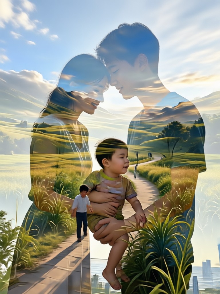 Foto de férias em família combinada com elementos de mapa