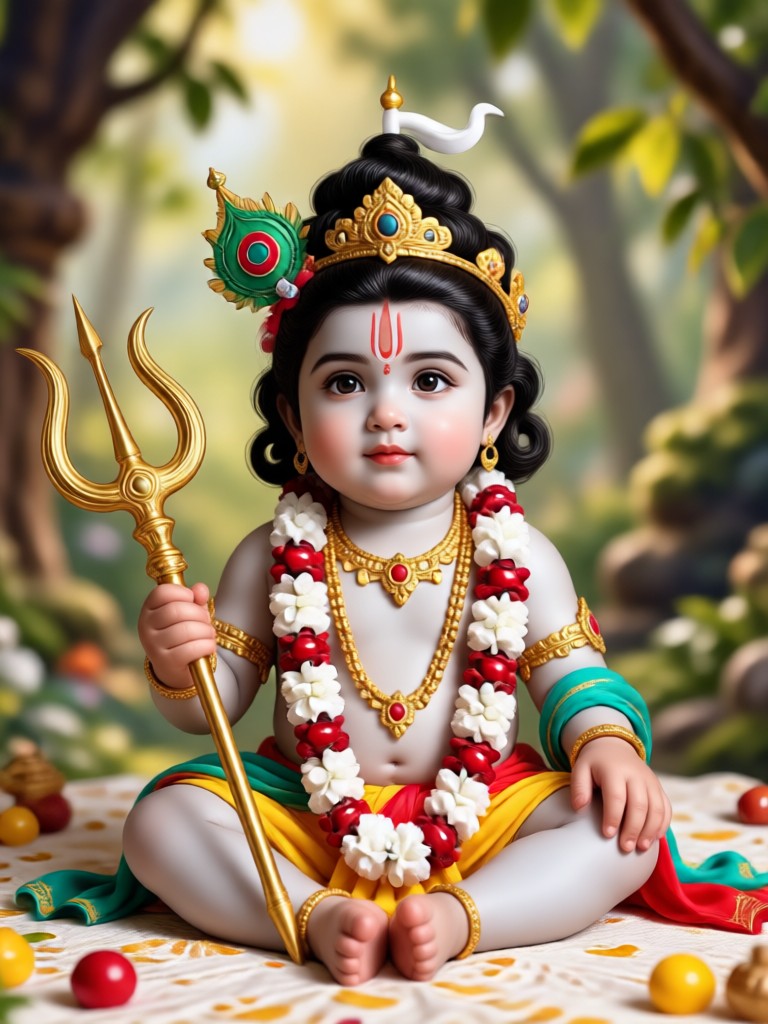 Divine baby Krishna with golden jewelry and crown