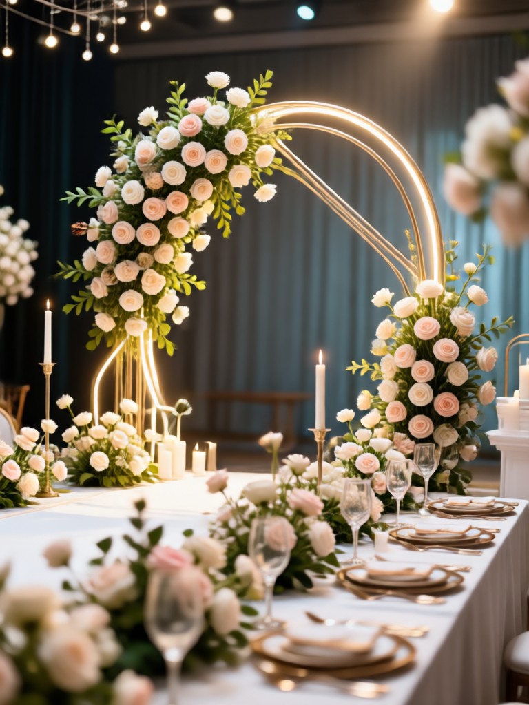 Luxury hotel wedding with grand staircase and floral canopy