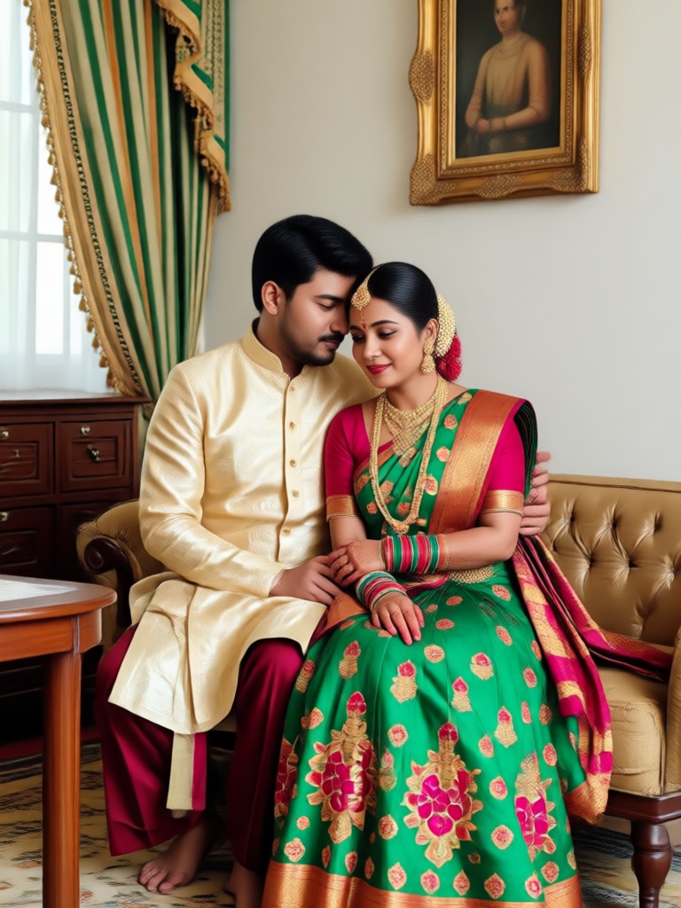 Bengali bride and groom AI portrait with ornate gold jewelry