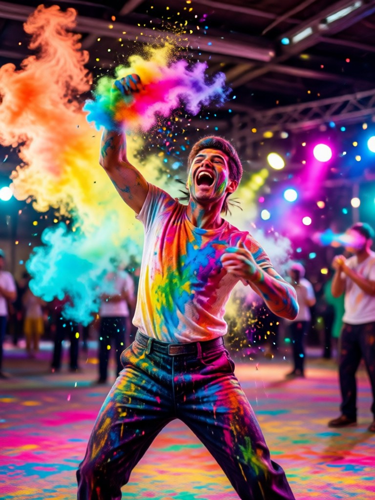 Couple photo transformed with vibrant multi colored AI Holi powder fight