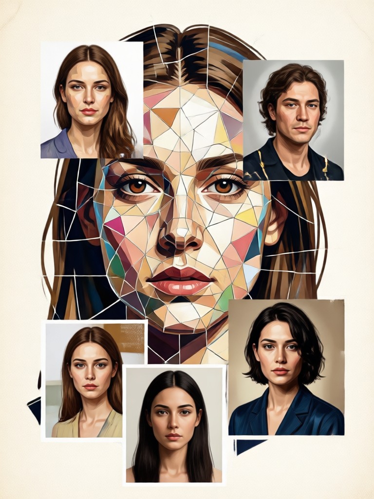 Cinematic portrait collage with film grain and text