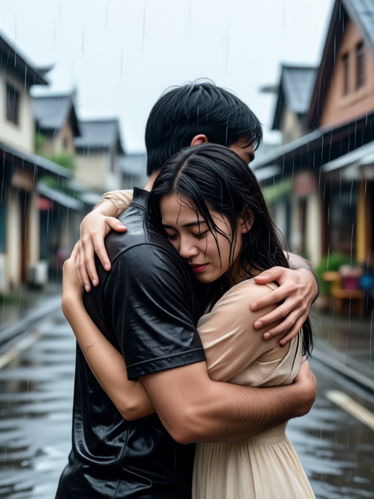 Dreamy watercolor style couple monsoon embrace
