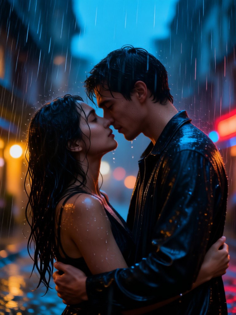 Cinematic embrace with lighting effects