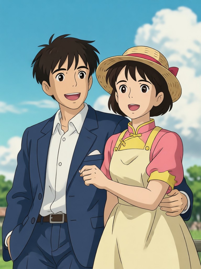 Epic Ghibli style couple gazing at a floating castle