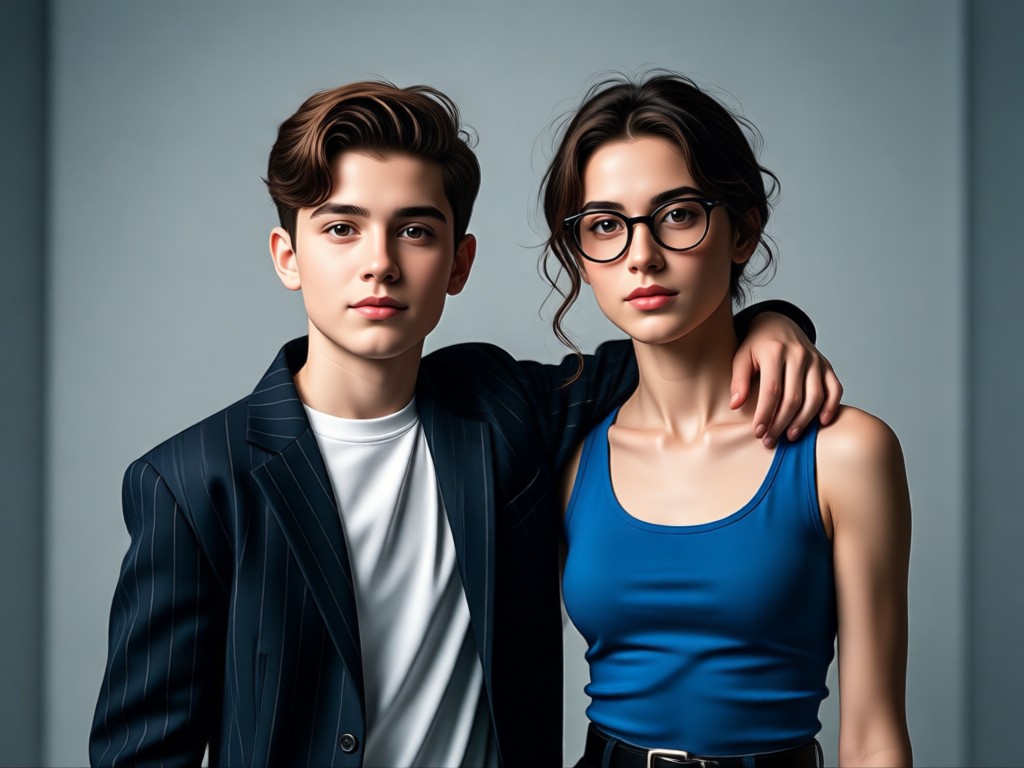 Side by side comparison of original photo and AI enhanced sibling portrait