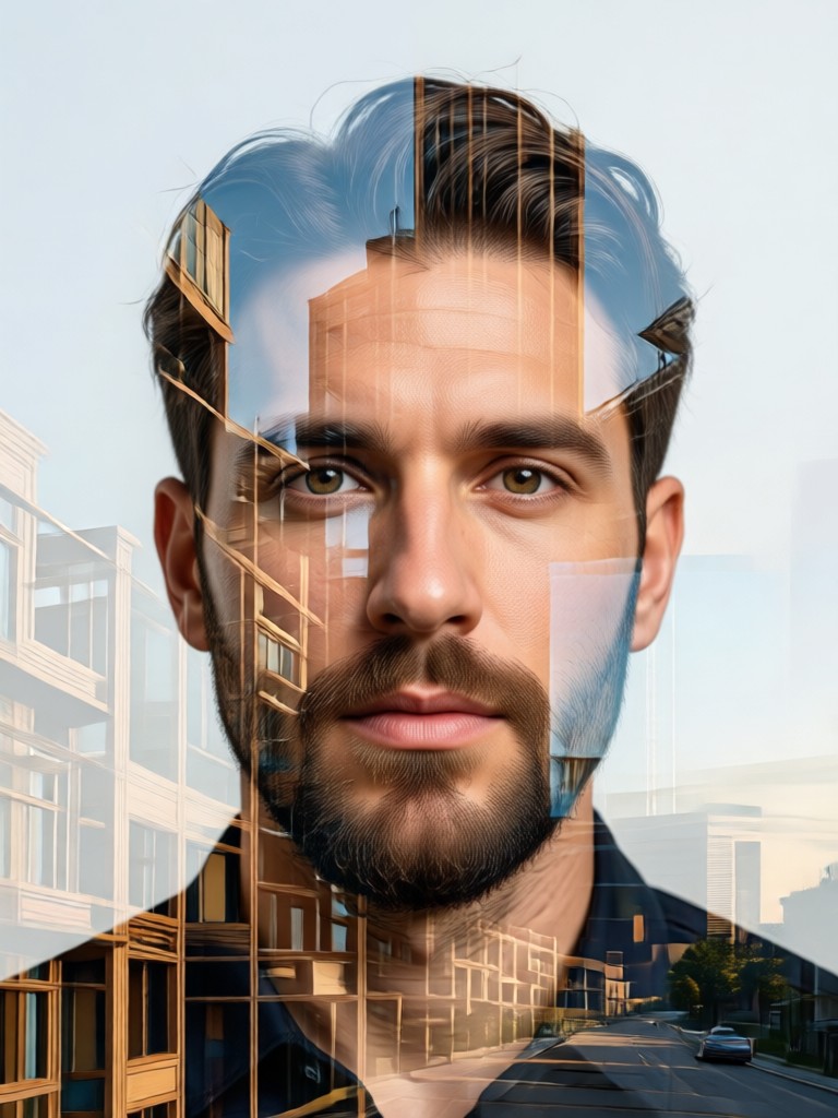 portrait combined with a neon lit cityscape at night for a cyberpunk effect