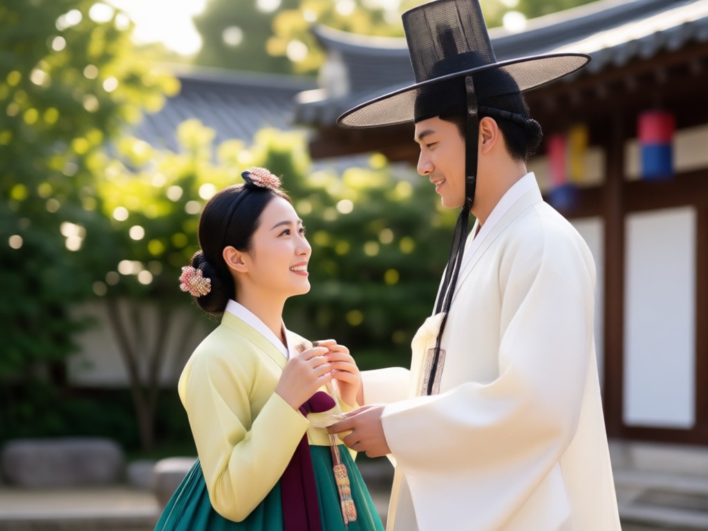 Realistic Hanbok silk fabric texture and embroidery detail
