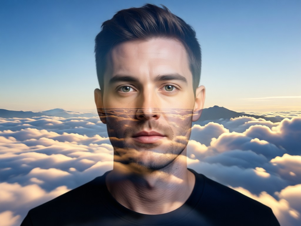 KI verschmilzt Gesicht mit Wolkenstruktur