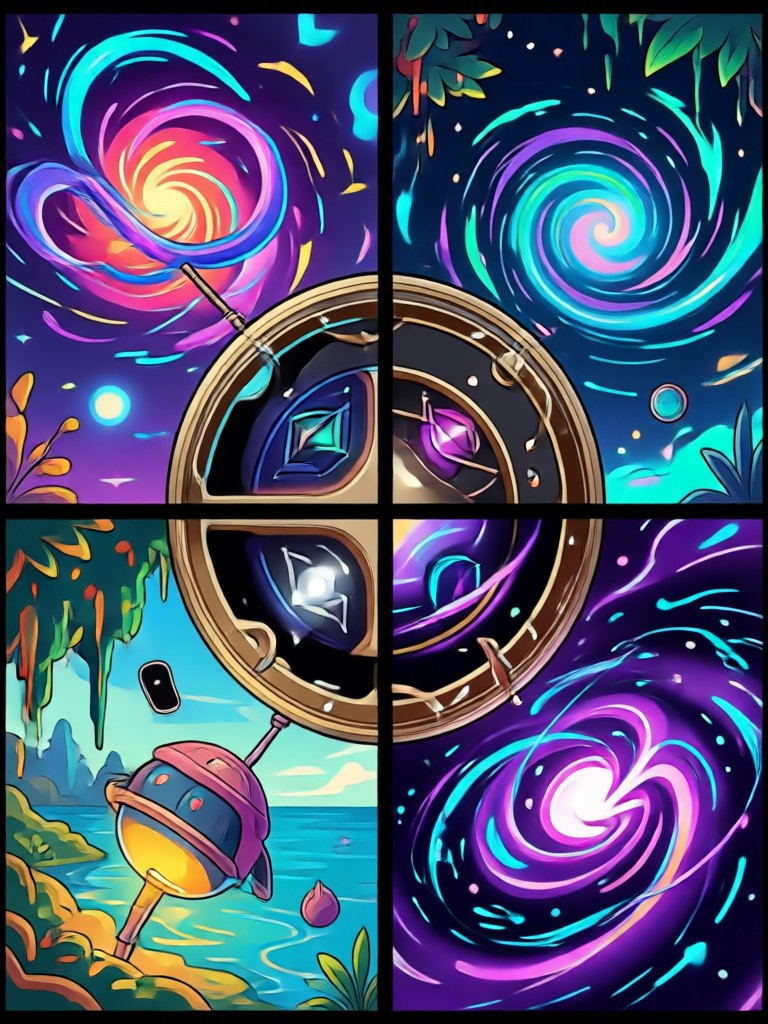 Grade de aparelho steampunk mostrando quatro projetos mecânicos intrincados