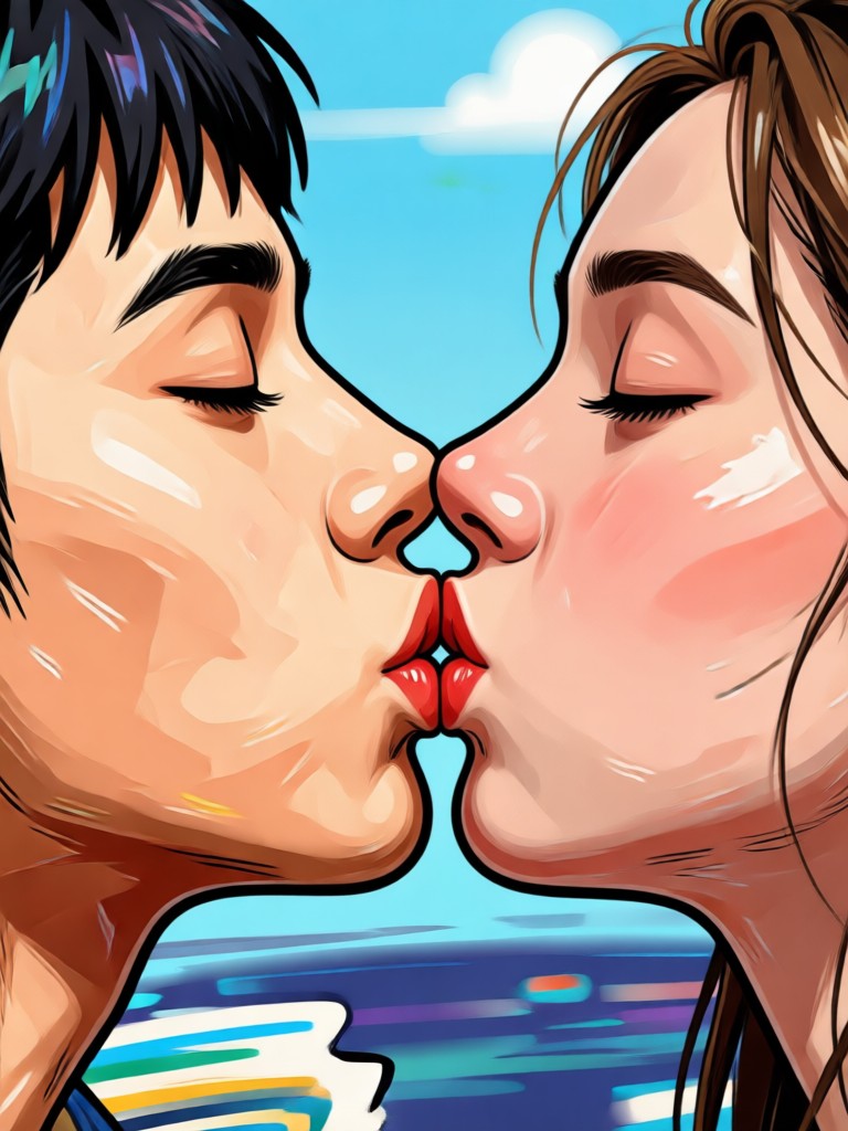 Anime style two face kiss video