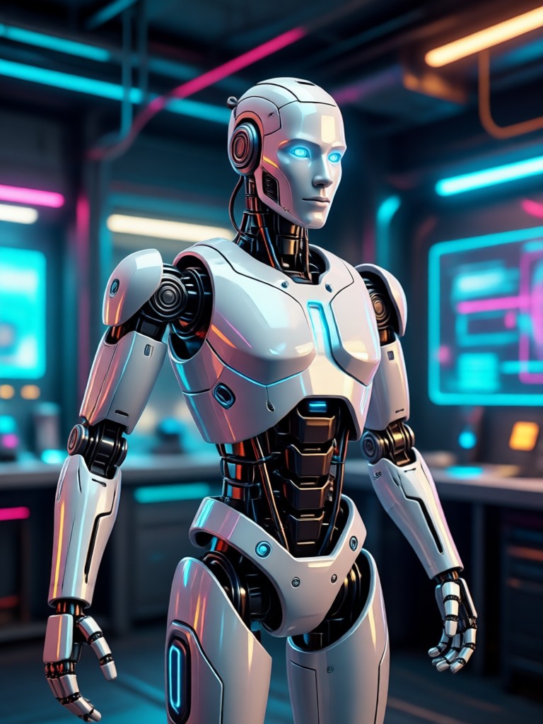 Portrait featuring a neon particle filter for robotics energy glow