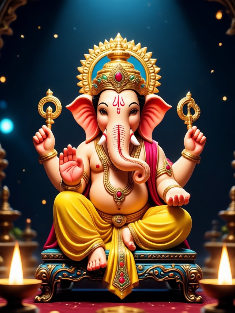 Ganesh Chaturthi Aarti scene with multiple lamps