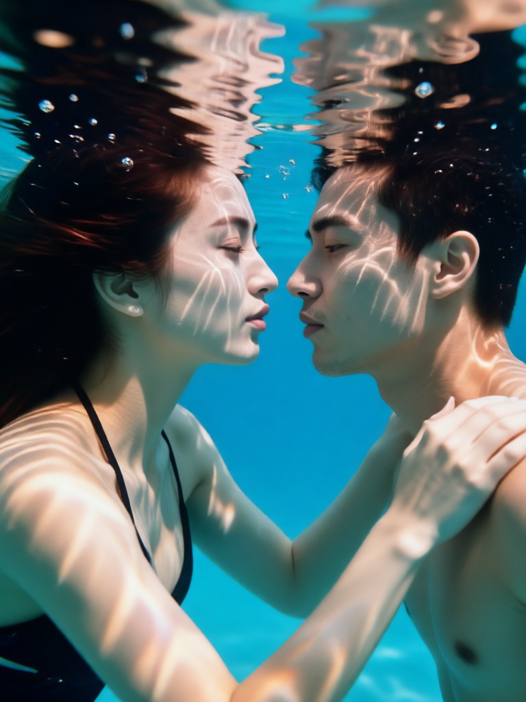 Sunlit underwater couple portrait with golden hour beams