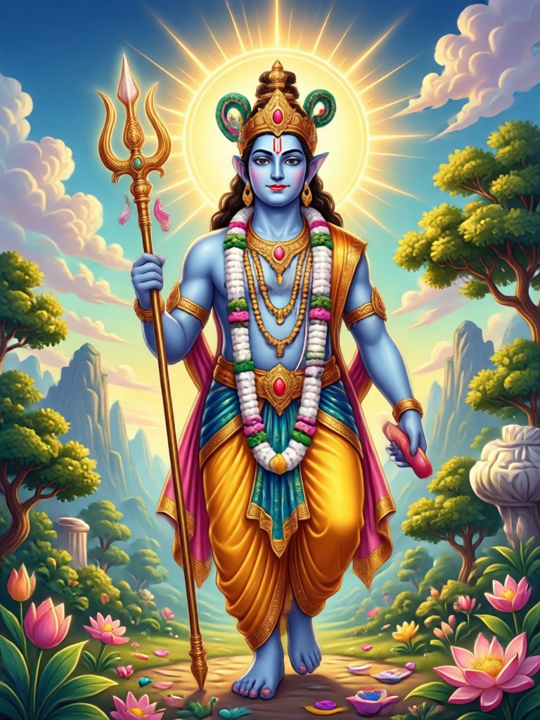 Modern digital portrait of Lord Krishna with peacock feather