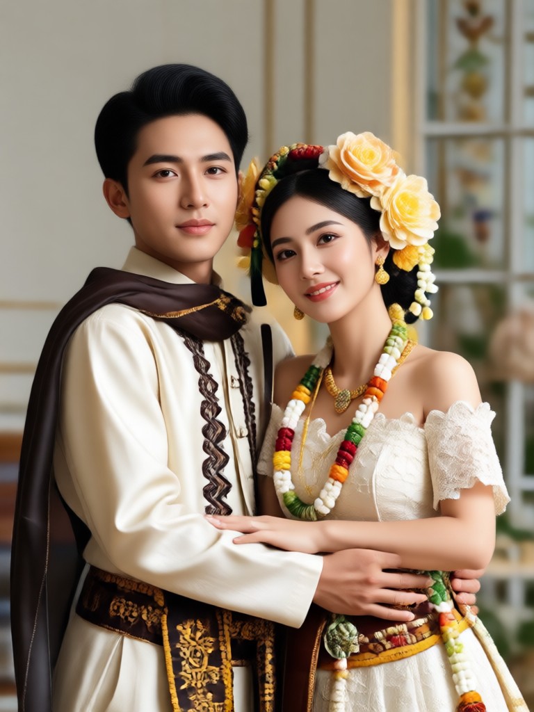 Elegant wedding Barong and intricate butterfly sleeve gown