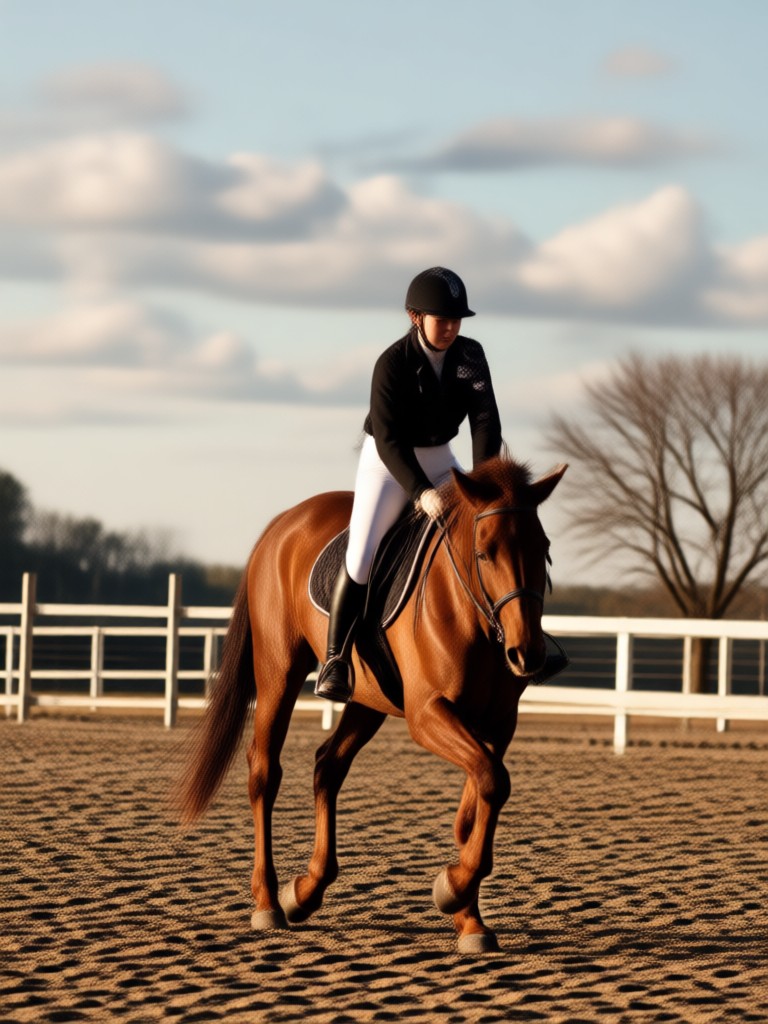 Foto de equitación con IA de una chica al galope en un campo