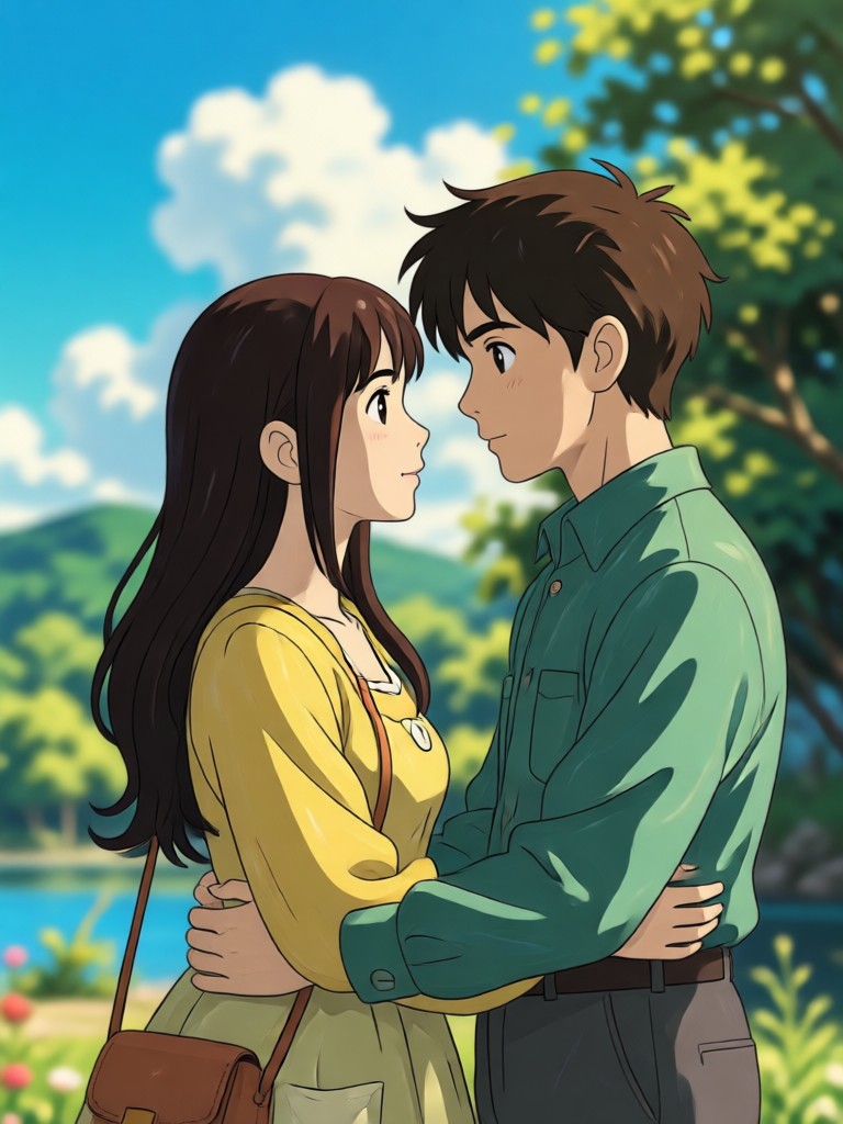 AI transformed couple into Ghibli character style