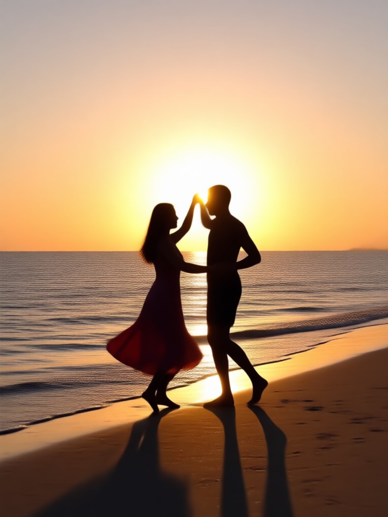 Couple slow dancing on a beach at golden hour
