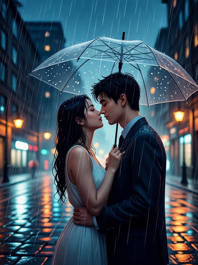 AI generated video of a kiss with rain on window backdrop