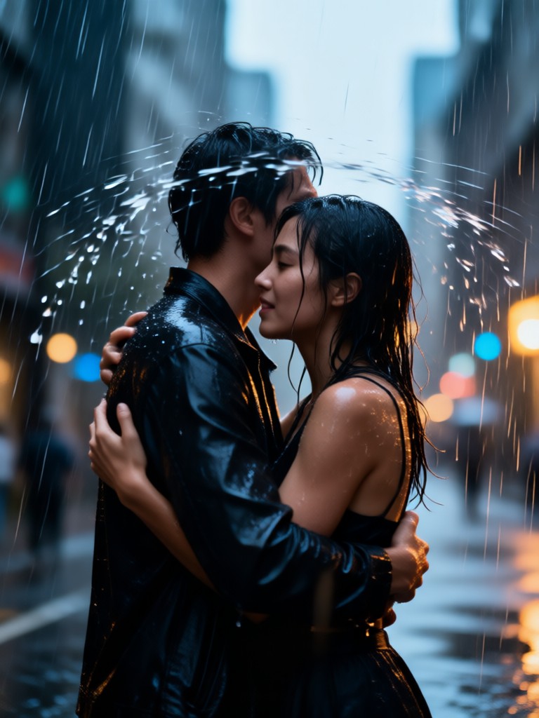 dramatic slow motion hug in a storm