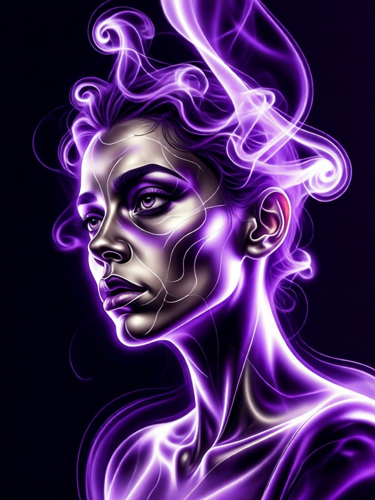 Arte de personagem com fumaça de energia mágica roxa