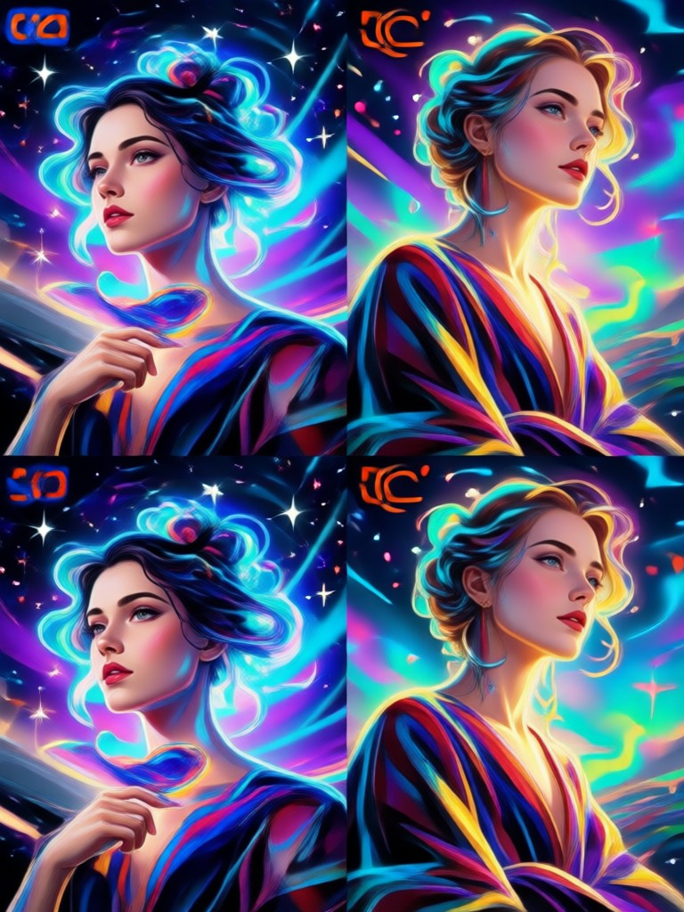 Colagem em grade de retrato com a mesma pessoa em quatro eras artísticas diferentes