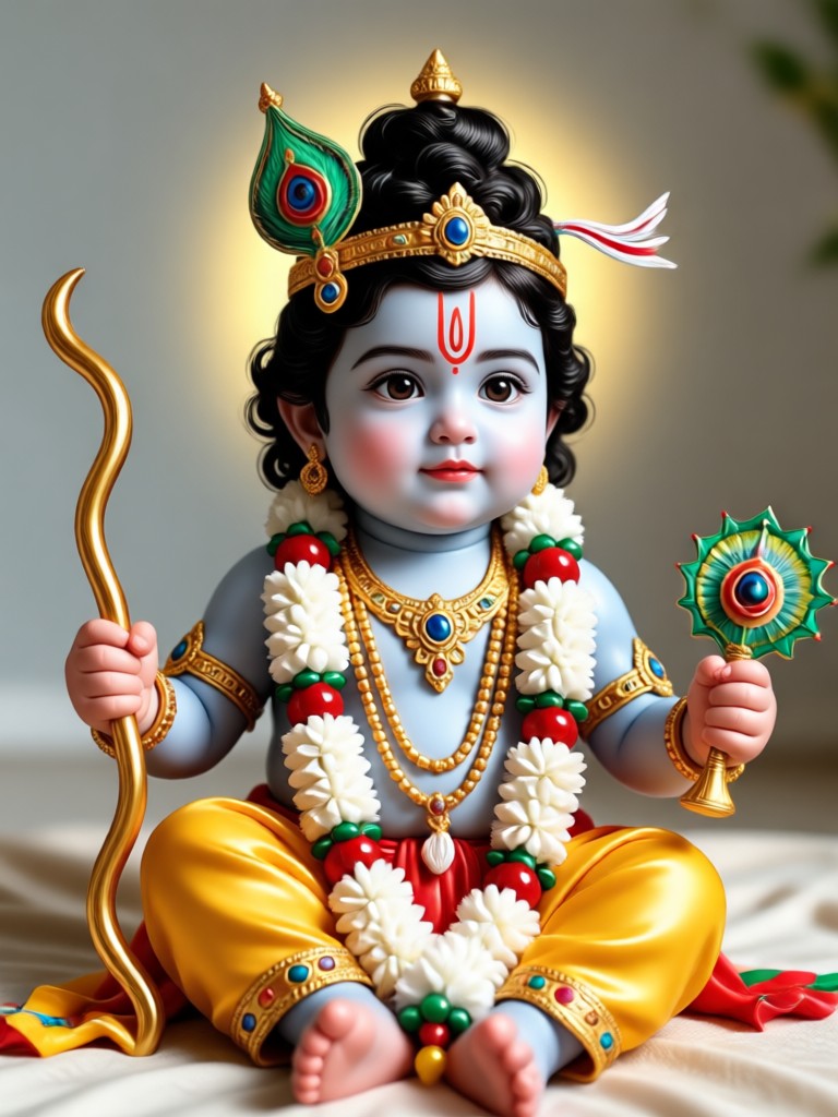 Classical Bal Krishna with flute and peacock feather