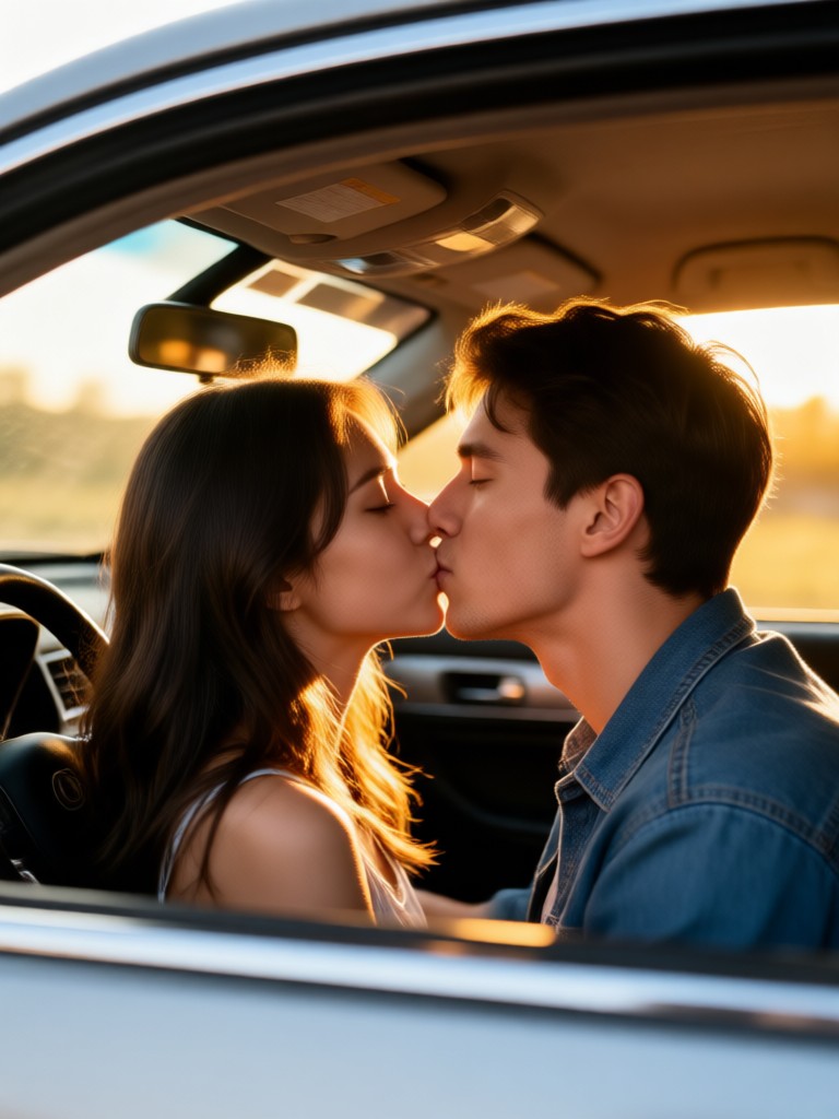 Romantic sunset car kiss animation video still