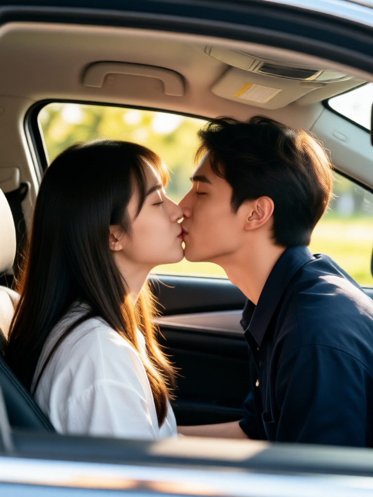 Close-up kiss animation from a two photos kissing in car generator