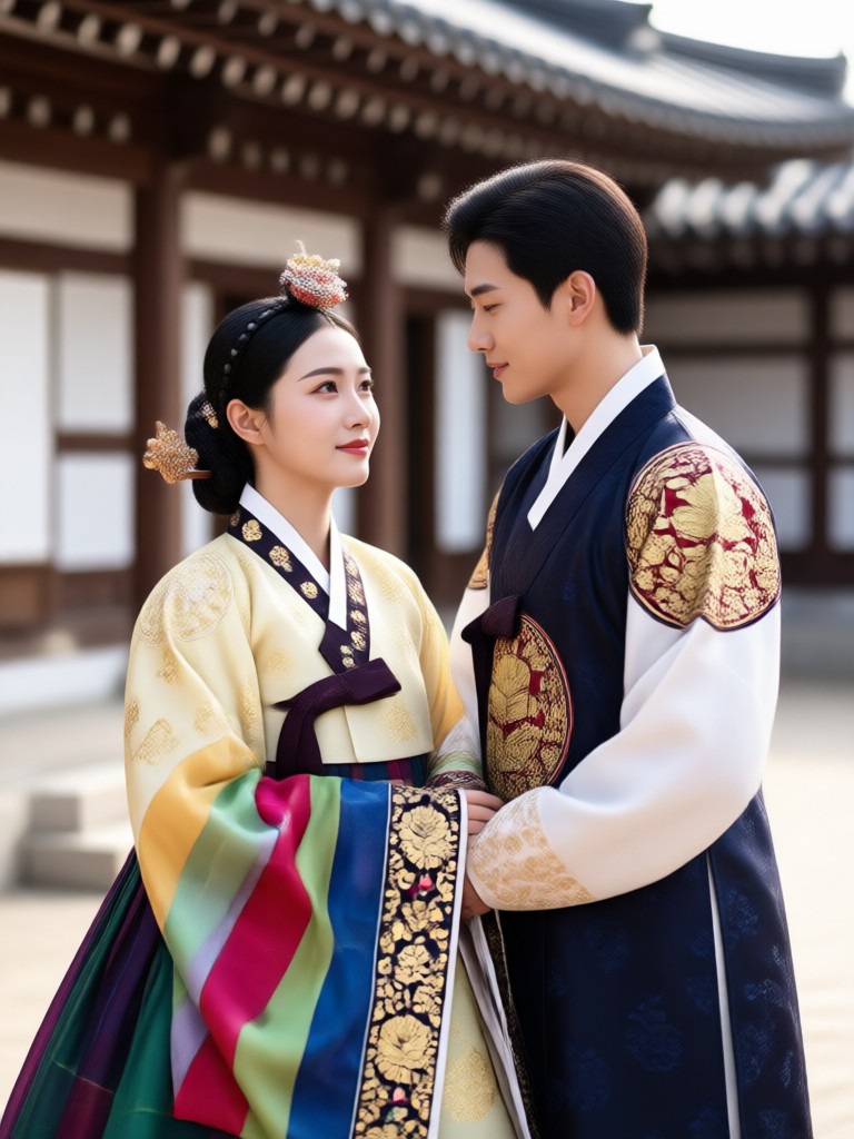 Spring hanbok couple photo with floral backgrounds