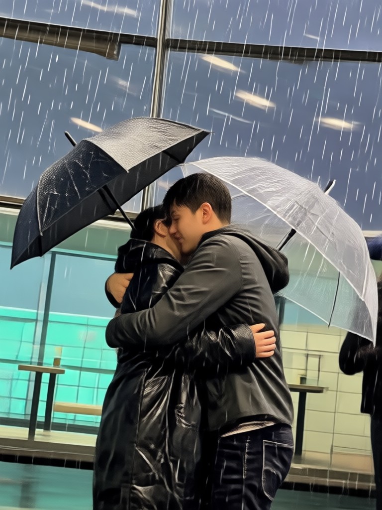 雨に濡れた空港の窓を背景にしたドラマチックなシルエットハグ