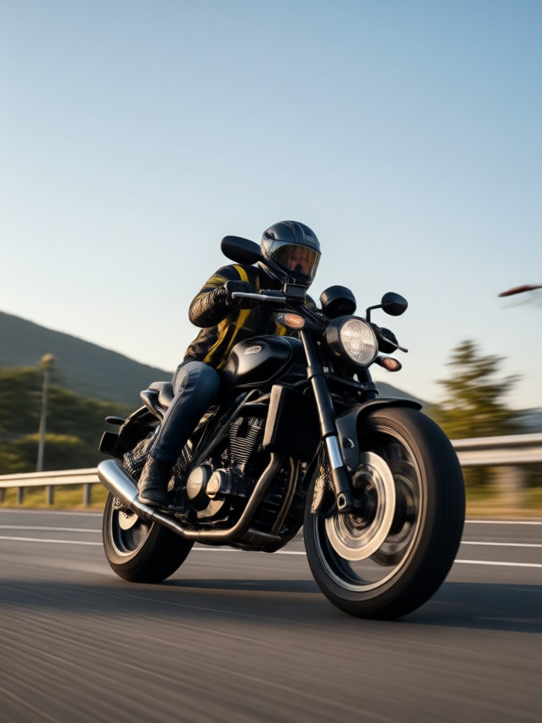 AI motorcycle rider on a sunset highway