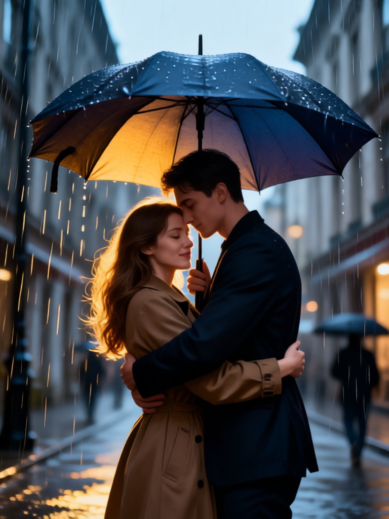 AI couple hugging under umbrella video example