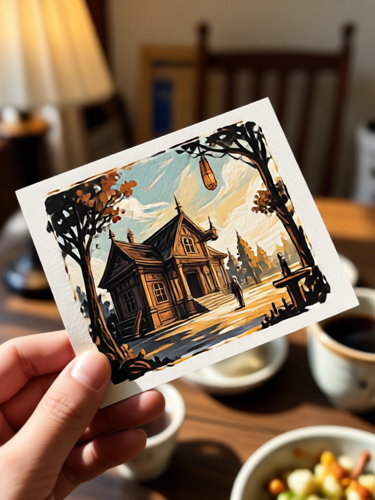 AI rustic cabin autumn postcard scene