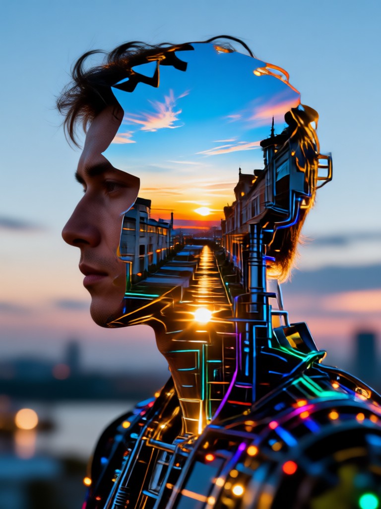 Double exposure portrait with forest overlay