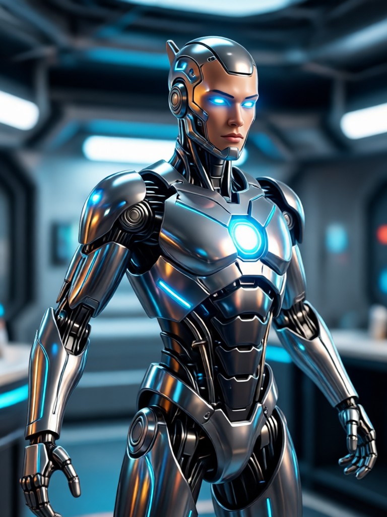 サイバーパンクの鎧とネオングローを持つAIアクションヒーロー
