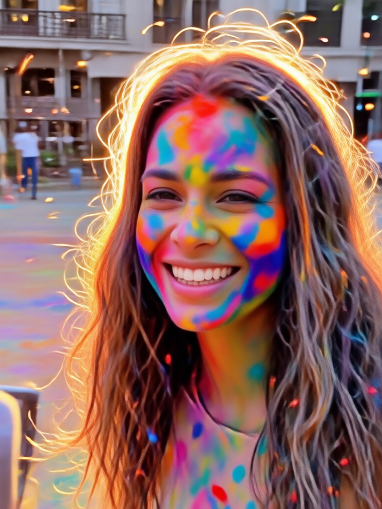 Vibrant Holi splash effect on laughing subject
