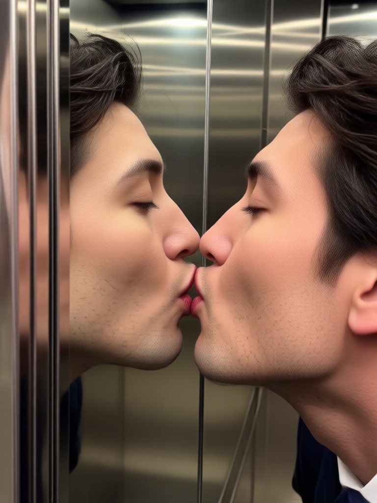 Soft, golden hour romantic elevator scene